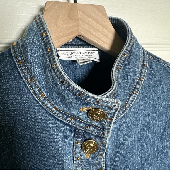 Vintage St John Sport Small Denim Rhinestones Bead Gold Monogram Buttons Jacket - Picture 9 of 16